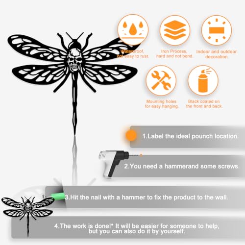 NBEADS Skull Dragonfly Metal Wall Decor - Image 4