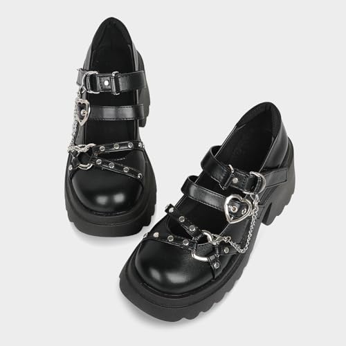 Image of Parisuit Womens Goth Platform Mary Janes Heels Buckle Chain Punk Cosplay Shoes Ankle Strap Chunky Heel Round Toe Pumps