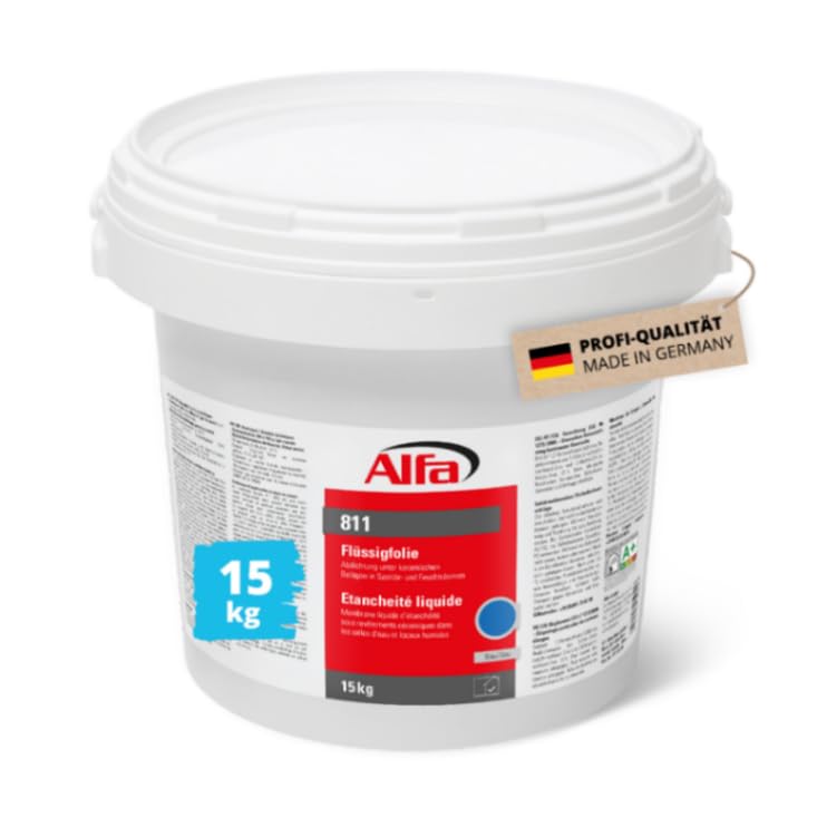 15 kg Alfa Flüssigfolie – Abdichtungsmasse blau – unter keramischen Belägen | Profi-Qualität – Flexible Flüssigfolie zur Abdichtung unter Fliesen in Bad, Dusche, Küche und Feuchträumen