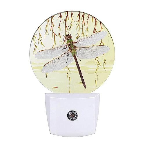 Image of Retro Dragonfly Night Lights Plug into Wall Weeping Willows by The River Dragonfly Decorative Night Light Dusk to Dawn LED Lighting for Bedroom Bathroom Living Room
