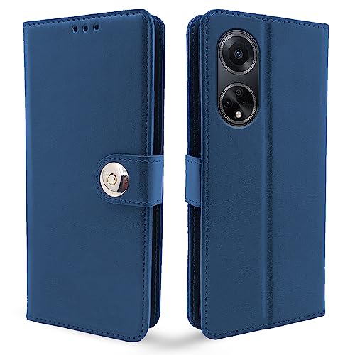 Image of Pikkme Oppo F23 5G Flip Cover Leather Finish | Inside TPU with Card Pockets | Wallet Stand and Shock Proof | Complete Protection Button Flip Case (Blue)