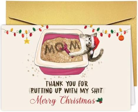 UUEFKTN Funny Mom Christmas Card from Cat, Humorous Cat Mom Christmas Card&Gift for Her, Xmas Thank You Cards Gift for Cats Lover Mommy Wife Mother Women