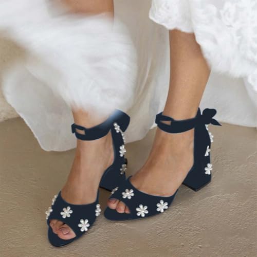 XYD Women Open Toe Sandals with Bloom Pearl Flower Ribbon Ankle Strap Chunky Block Heel Wedding Bridal Shoes3