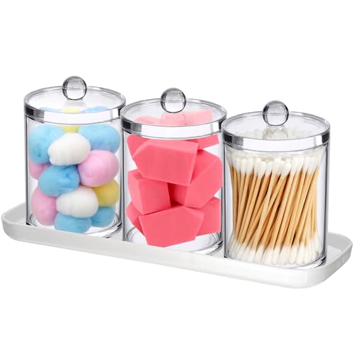Amazing-Abby-Catalina-Clear-Acrylic-Bathroom-Canister-with-White-Tray-4-Piece-Set-Plastic-Apothecary-Jars-with-Lids-Bathroom-Organizers-for-Q-tips-Cotton-Balls-Floss-Picks-Sponges-and-More Amazing Abby - Catalina - Clear Acrylic Bathroom Canister with White Tray (4-Piece Set), Plastic Apothecary Jars with Lids, Bathroom Organizers for Q-tips, Cotton Balls, Floss Picks, Sponges, and More - Image 1