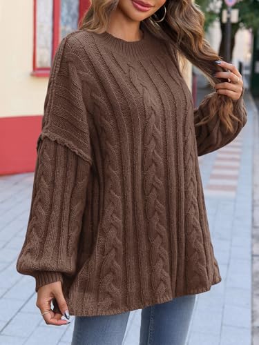Saodimallsu Womens Oversized Sweaters Chunky Cable Knit Crew Neck Casual Long Lantern Sleeve Fall Tunic Sweater Tops2