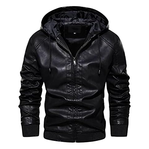 Men's Hooded Leather Jacket Windproof Faux Leather Jacket Warm Winter Coats Motorcycle Retro PU Jacket Matte Texture Jacket Thickened Windbreaker with Hood Leisure Jacket, black, XXXXL Cover