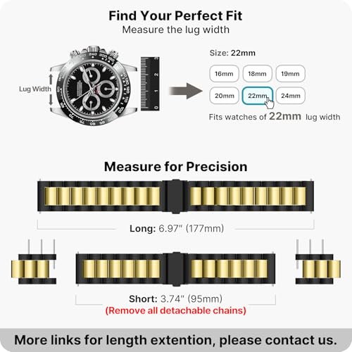 Image of Fullmosa 22mm Stainless Steel Watch Band, Quick Release Metal Replacement Strap with Removable Links, Includes Spring Bars & Link Removal Tool for Men Women (Black+Golden)