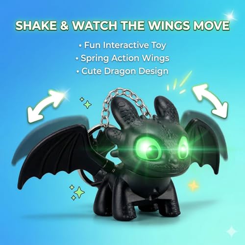 Image of JB'S LAND 3D Dragon Keychain Toy with Moving Wings & LED Light | Toothless Night Fury Dragon Keychain | Mini Fantasy Creature Keyring for Car Dashboard, Bike Keys, Backpack, Kids Gift