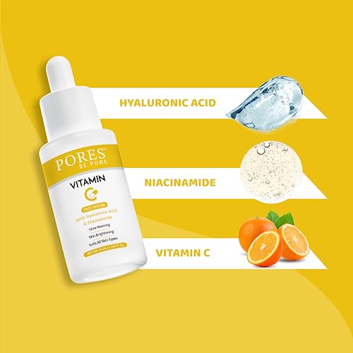 Image of PORES Be Pure Vitamin C Face Serum with Hyaluronic Acid & Niacinamide | Skin Brightening & Anti-Pigmentation Serum for Glowing Complexion | Lightweight Hydrating Face Serum for Men & Women | All Skin Types - 30ml