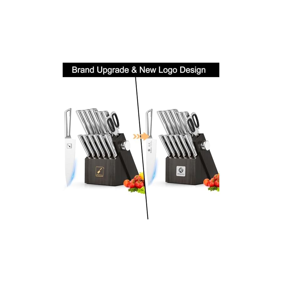 imarku Kitchen Knife Set with Block and Built-in Sharpener, Japanese Stainless Steel 14-Piece Knife Set with Utility Knife, Dishwasher Safe, Non-Slip Ergonomic Handles, Essential Gift for Home Cooks