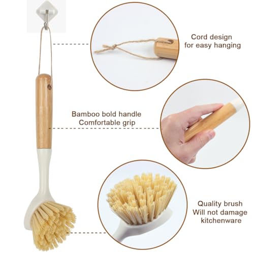 XYGK Dish Brush with Natural Bamboo Handle, 2 PCS Washing Up Brushes for Kitchen, Scrubbing Brush with Tough Bristles, Dish Washing Brushes for Dishes Pots Pans Sink Cleaning - Image 2