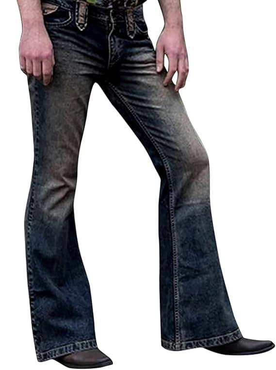 Men Vintage Patchwork Bell Bottom Jeans Classic Retro Disco Flared Leg Denim Pants Wide Leg Jean Pants 60s 70s (X-Large,Blue E)2