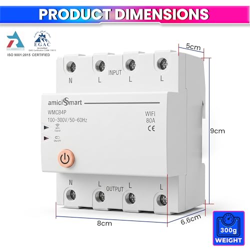 Image of amiciSmart WiFi MCB, Circuit Breaker, 220VAC 80A 3 Phase Home Automation Smart Switch Timer Mobile App Control Compatible with Alexa, White (Din Rail Mount)