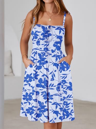 Image of YATHON Summer Mini Corset Sun Dress for Women Short Casual Square Neck Lace Up Floral Beach Vacation Dresses with Pockets