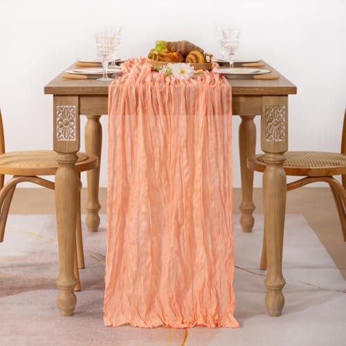 Image of MLMC Peach Pink Cheesecloth Table Runner 10ft Sheer Gauze Coral Cheese Cloth Table Runner Summer Dinning Decoration 35x120 Inches for Wedding Bridal Baby Shower Party Decor