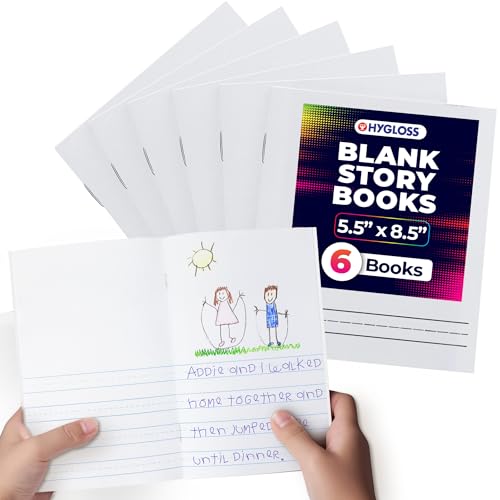 Hygloss Half Blank Books for Kids to Write Stories & Illustrate Bulk 6 Pack 5.5 x 8.5 A5 Primary Journal for Grades K-2 Preschool/Kindergarten Notebook with Picture Space 24 Pages White