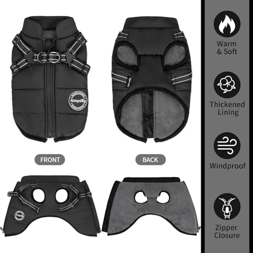 Aimydog Hundemantel Winter, Wärme Hundejacke Mit Brustgurt Gurt Winddichte mit bauchschutz, Haustier Outdoor Reflektierend Hundeweste mit Fleece Gefütterte für Kleine (Schwarz, M)
