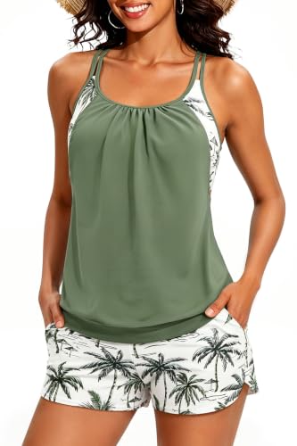 Image of Holipick Womens 2 Piece Tankini Swimsuit Blouson Tummy Control Bathing Suit | Double Up Design, Removable Pad, High Waisted Boy Shorts