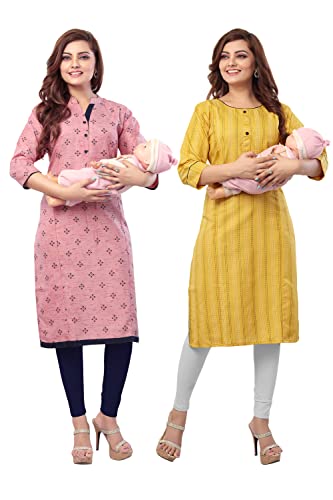 Image of B2F Women's Printed Cotton Straight Maternity Kurti with Zipper, Feeding Kurta for Pre and Post Pregnancy, Combo Pack