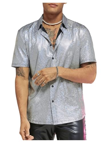 Floerns Men's Metallic Short Sleeve Button Front Lapel Collar Streetwear 70s Disco Party Sequin Shirt3
