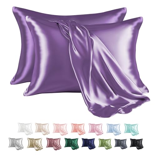 MR&HM Satin Pillowcase for Hair and Skin, Silk Satin Pillowcase 2 Pack, Queen Size Pillow Cases Set of 2, Silky Pillow Cover with Envelope Closure (20x30, Lavender)