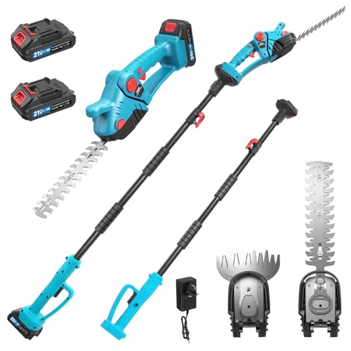 Cordless Hedge Trimmer Long Reach 2.4m Telescopic Pole Hedge Trimmer Cordless 21V with 2X Batteries & Fast Charger 90 Adjustable Head 2-in-1 with Grass Shear Blade Lightweight for Gardener