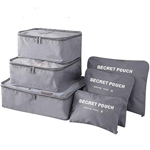 Image of 6 in 1 Polyester Secret Pouch Travel Bag Packing Cubes Laundry Bag with Undergarments & Cloth Storage Organizer Travelling Set /Suitcase Cloth Cube Bag (6 PC SET GREY)