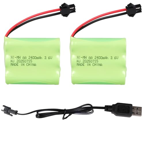 2Stück 3,6V 2400mAh NI-MH-Akkupack mit SM-2P-Anschluss und USB-Ladekabel, AA NiMH-Akkupack für RC-Spielzeug, RC-Auto, Boot, Flugzeug, Beleuchtung, Haushaltsgeräte