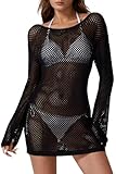QINSEN Bathing Suit Cover Up for Women Crochet Knit Beach Dress Boat Neck Long Sleeve Vacation Outfits Black L