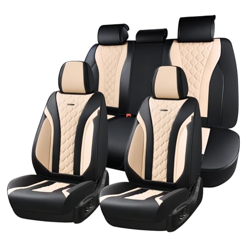 Image of Coverado Car Seat Covers, Seat Covers Full Set, Black Beige Car Seat Cover, Perforated Diamond Leather Seat Covers for Cars, Luxury Car Seat Cushion, Auto Seat Covers Universal Fit Most Cars