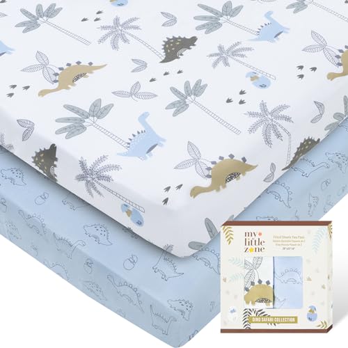 Image of MY LITTLE ZONE Baby Crib Sheets for Boys & Girls Toddler Bed Sheets Cotton Fitted Crib Sheet Sets, Baby Mattress Sheet 2Pack 100% Cotton, 28"x52", 8" Deep Pocket Designed in France Dinosaur Blue White