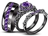 Gemstone Purple Amethyst 14K Black Gold Over 925 Silverv His & Hers Trio 3 Three Ring Bridal Matching Engagement Wedding Ring Band Set (8.5)