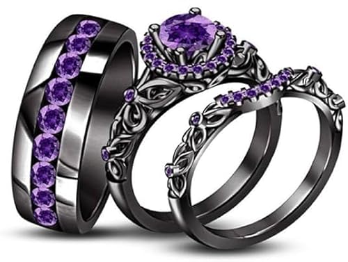 Gemstone Purple Amethyst 14K Black Gold Over 925 Silverv His & Hers Trio 3 Three Ring Bridal Matching Engagement Wedding Ring Band Set (8.5)