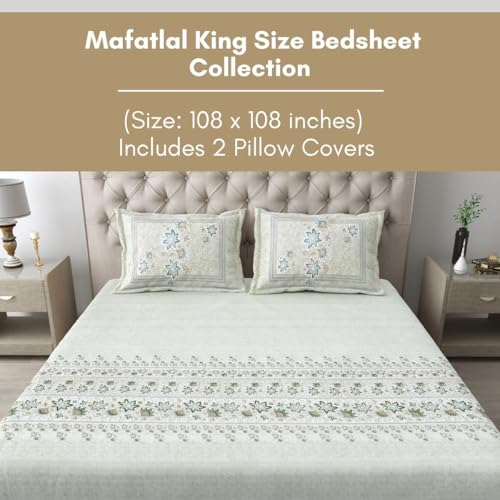 Image of Mafatlal 186 TC Spring Glory Summer Bedsheets Cotton King Size | 108 x 108 Inches | Cool-Touch Cotton Bedding for Comfortable Sleeping Nights | Includes 2 Pillow Covers | Elm Green