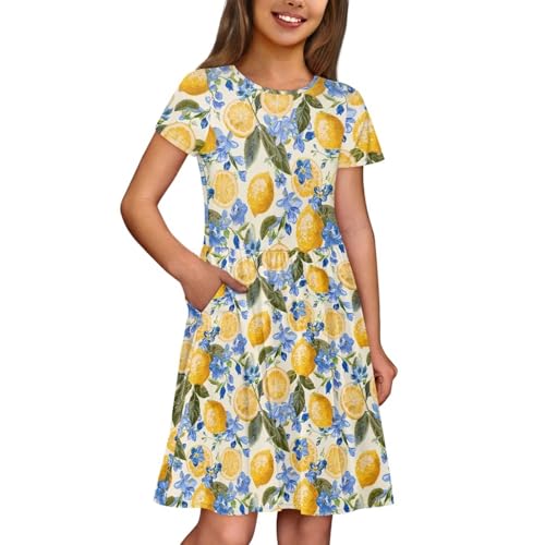 Image of Girls Dress with Pockets Basic Short Sleeve High Waist Swing Skater Dress School Party Dress for Kids
