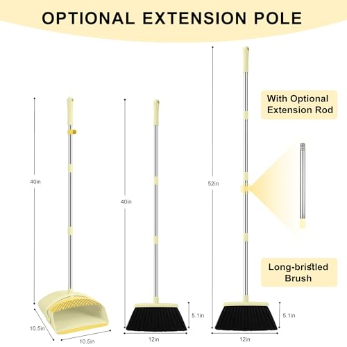Image of BSKLIN Broom and Dustpan Set for Home, 52 inch Long Handle Broom Set with Dustpan Teeth to Clean Hair Sweeping Indoor and Outdoor (Yellow)