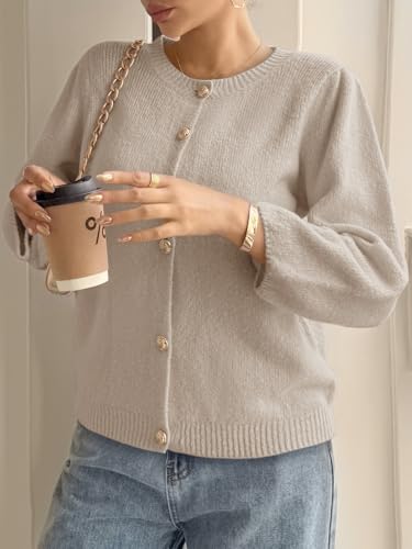 Cicy Bell Womens 3/4 Puff Sleeve Cardigan Sweater Fall Trendy Casual Button Up Loose Fit Cropped Knit Sweaters4