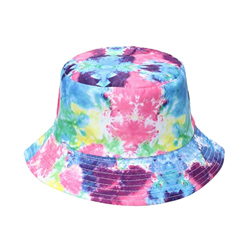 Generic Tie Dye Bucket Hat Kids,Painted Basin Hat Colorful Travel Holiday Beach Sun Hat Kids-Ages 6+ Seven Color Fishing Hat