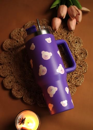 Image of 1200ML Stainless Steel Tumbler Hot and Cold with Handle and Lid and 2 Straws, Double Insulated Cup Leak Proof Mug Cupholder for Gym, Travelling (Dark Purple)