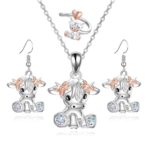 MALOYANVE Highland Cow Ring Earring Necklace Set for Women Rose Gold Bows Infinity Heart Ring Pendant Necklace Cute Animal Jewelry Set for Holiday Gifts (Bow and Heart)