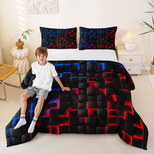 Image of Erosebridal Geometric Checkered Boys Bedding Set Full Size Neon Red Blue Comforter Set for Kids Teen Men Gamer Room Decor,Abstract Ombre Plaid Comforter Grids Quilt Duvet Black