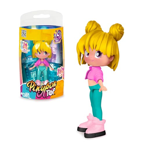 Pinypon TOP Girls Blonde, Chica TOP Rubia con Outfit de Street Style, Figura de 11 cm Articulada de Brazos y Piernas, Doble Cara y Ropa y Zapatos...