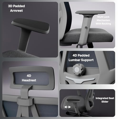 Image of Kinetix Ergonomic Office Chair for Work | Multi-Lock Synchro Tilt Mechanism | 5 Year Warranty | 3D Armrest | Adjustable Lumbar (Grey, 3D with Multi Lock)