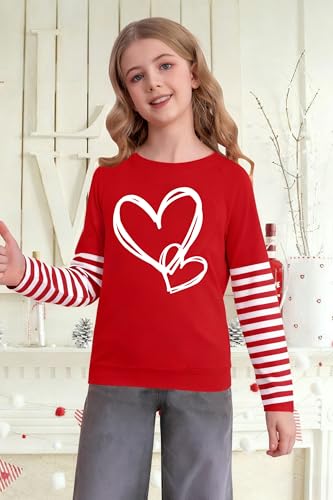 Image of LAZYCHILD Kids Valentine Shirt Girls Valentines Day Shirts Heart Graphic Long Sleeve Striped Tee Tops 5-14 Years
