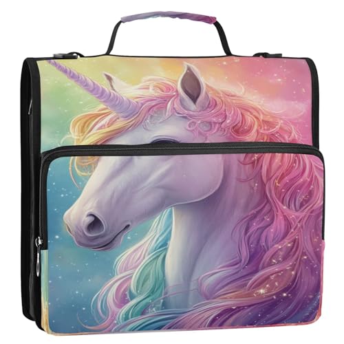 Boccsty Cute Unicorn Galaxy Zipper Binder 3 Ring Binders Expanding File Folder Multi-Pocket Zipper Binder Organizer for School Shoulder Strap and Handle