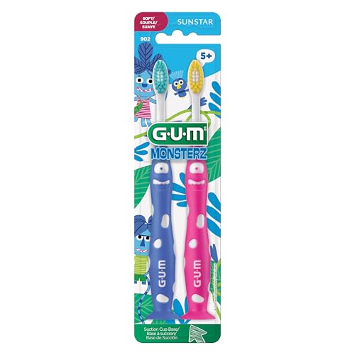 Image of GUM Monsterz Jr Kids Toothbrush, Soft Bristles with Suction Cup Base, Ages 5+, 2 Count (Pack of 6)