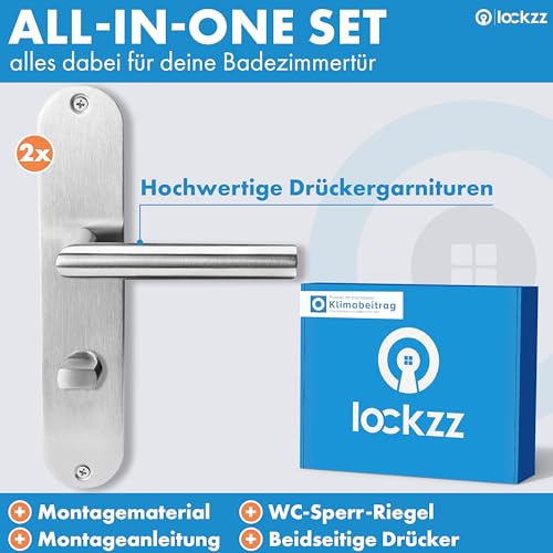 lockzz Türgriff Drückergarnitur Nürnberg, Edelstahl, Türbeschlag für Badezimmertüren, Langschild, L-Form, WC - Badezimmer