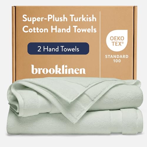 Image of Brooklinen Super-Plush Turkish Cotton Hand Towels - Set of 2 - Cotton, 820 GSM, Highly Absorbent, Machine Washable, Perfect for Home & Bathroom (20" x 30", Aloe Green)
