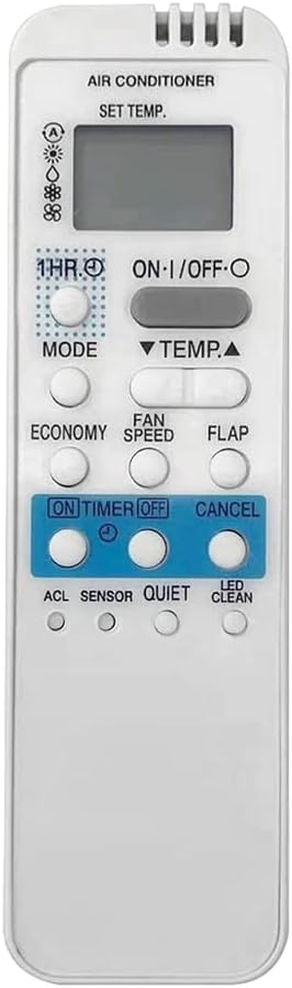 Front view of the MMLFX replacement SANYO air conditioner remote control showing all buttons and the display screen.
