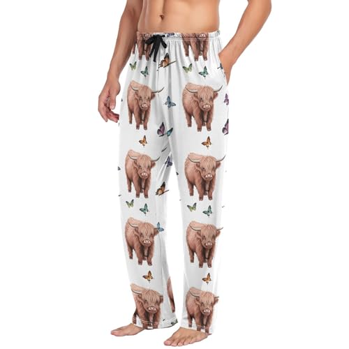 Men’s Highland Cows Butterflies Pajama Pants with Pockets, Comfortable Lounge Sleep Bottoms#7934